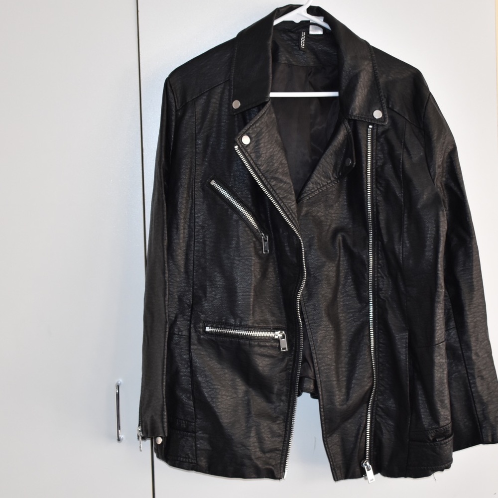 H&M black leather biker jacket size 14